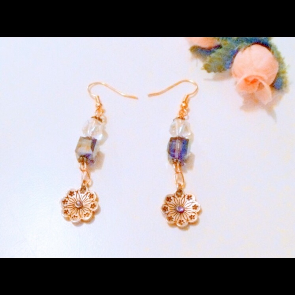 Purple crystal beaded flower earrings